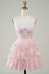 Glitter Lace Asymmetrical Ruffle Tiered Short See Through Homecoming Dress - DollyGown
