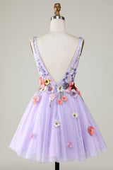 Lilac Colorful 3D Floral V-Neck Backless Homecoming Dress - DollyGown