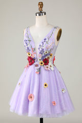 Lilac Colorful 3D Floral V-Neck Backless Homecoming Dress - DollyGown
