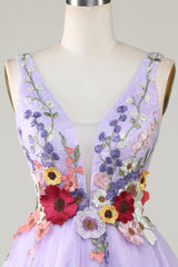 Lilac Colorful 3D Floral V-Neck Backless Homecoming Dress - DollyGown