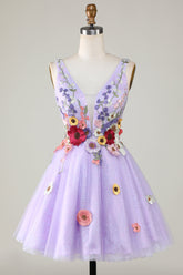 Lilac Colorful 3D Floral V-Neck Backless Homecoming Dress - DollyGown