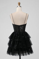 Black Tulle Sequin Ruffle Tiered Short Homecoming Dress - DollyGown