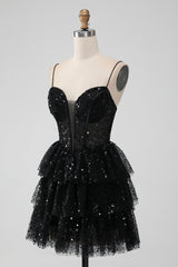 Black Tulle Sequin Ruffle Tiered Short Homecoming Dress - DollyGown