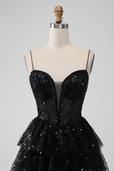 Black Tulle Sequin Ruffle Tiered Short Homecoming Dress - DollyGown