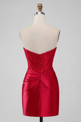 Strapless Lace Ruched Bodycon Short Red Homecoming Dress - DollyGown