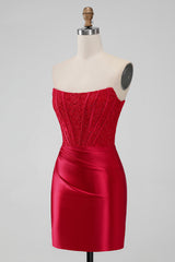 Strapless Lace Ruched Bodycon Short Red Homecoming Dress - DollyGown