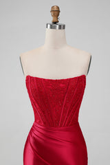 Strapless Lace Ruched Bodycon Short Red Homecoming Dress - DollyGown