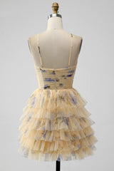 Yellow Print Keyhole Ruffle Tiered Short Homecoming Dress - DollyGown