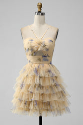 Yellow Print Keyhole Ruffle Tiered Short Homecoming Dress - DollyGown