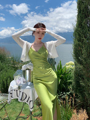 Semi-Formal Forest Green Slip Dress with Slit - DollyGown