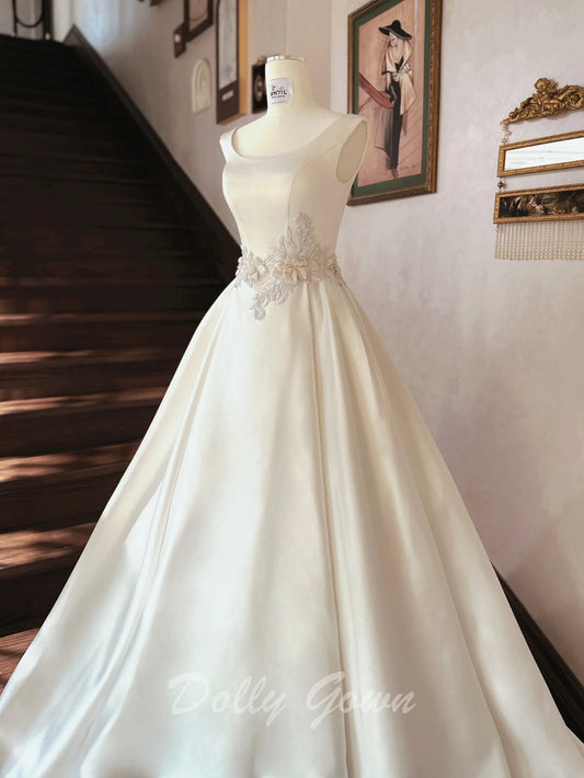 Simple Boat Neck Satin Ball Gown Wedding Dress