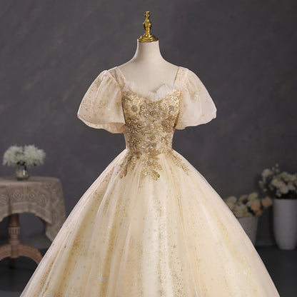 Sparkly Lace Top Gold Masquerade Ball Gown Quinceanera Dress - DollyGown