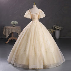 Sparkly Lace Top Gold Masquerade Ball Gown Quinceanera Dress - DollyGown