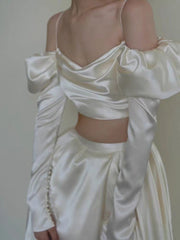 Stylish Satin Two Piece Wedding Dress with Side Slit and Long Sleeves