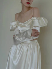 Stylish Satin Two Piece Wedding Dress with Side Slit and Long Sleeves