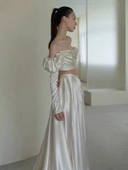 Stylish Satin Two Piece Wedding Dress with Side Slit and Long Sleeves