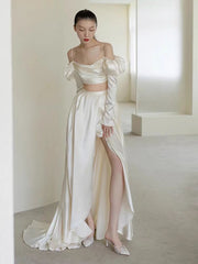 Stylish Satin Two Piece Wedding Dress with Side Slit and Long Sleeves