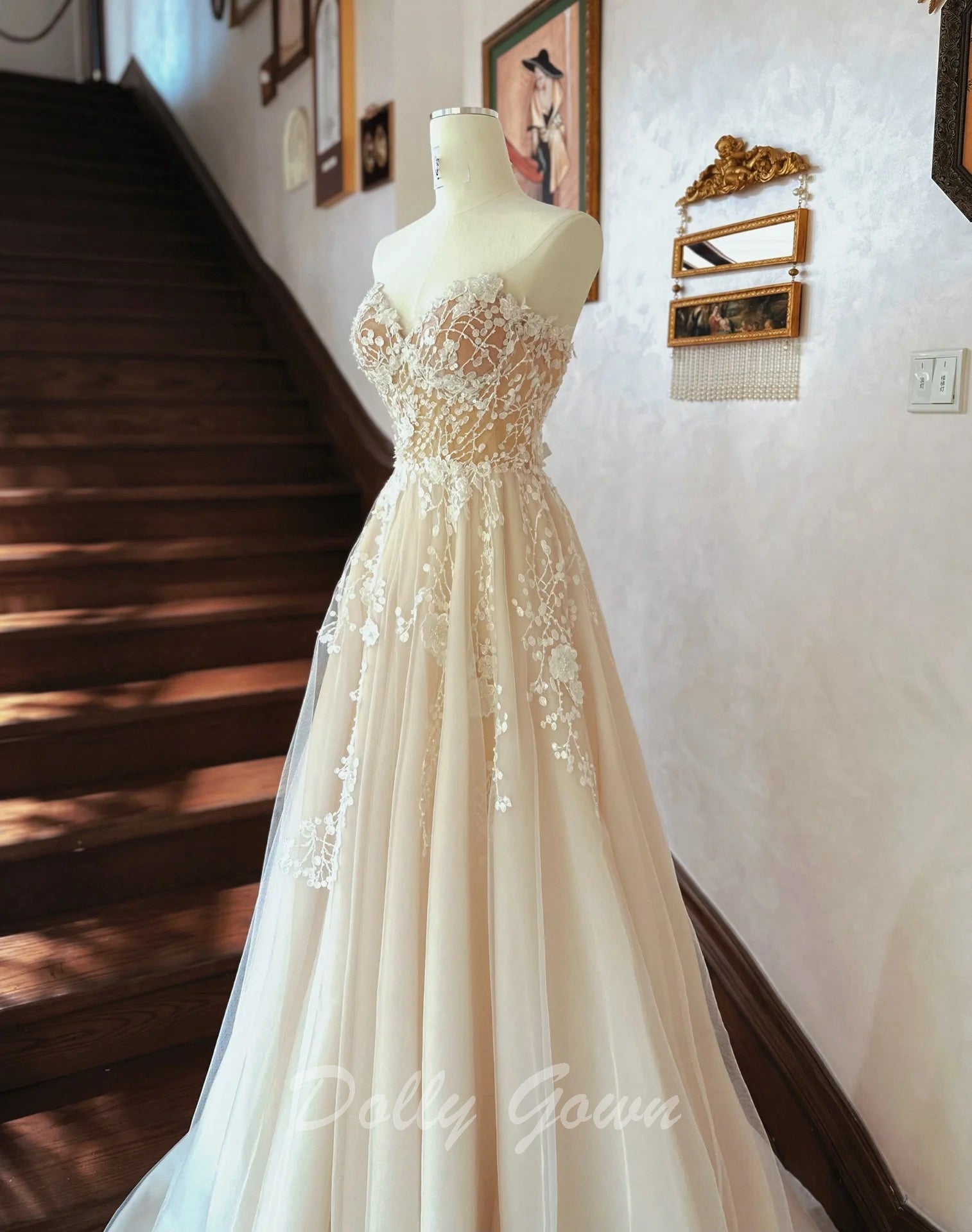 Sweet Floral Lace Strapless A-line Sheer Champagne Wedding Dress - DollyGown