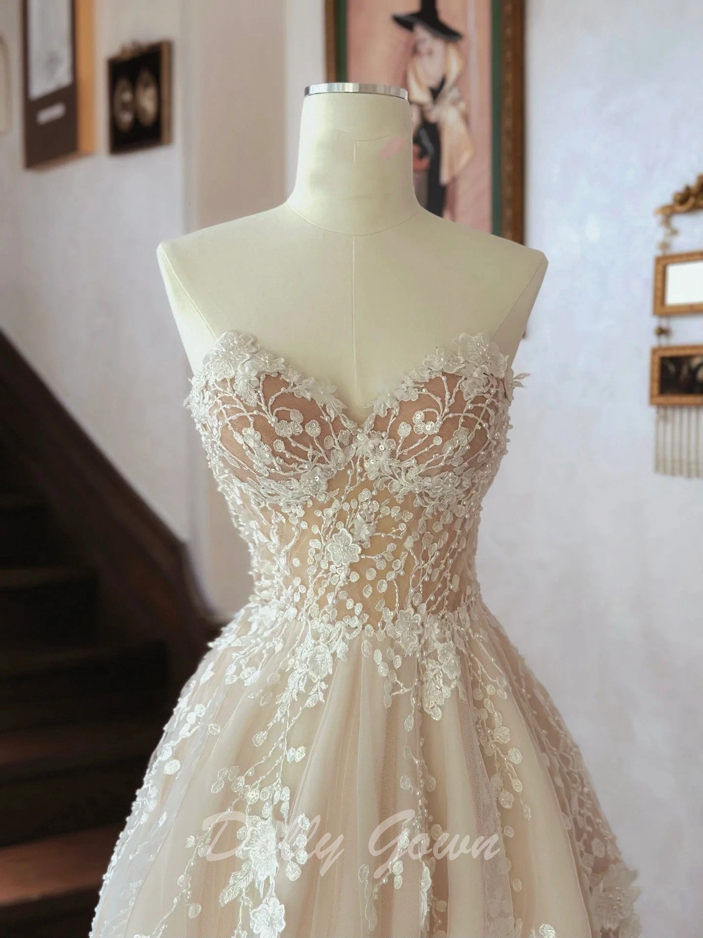 Sweet Floral Lace Strapless A-line Sheer Champagne Wedding Dress - DollyGown