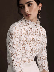 Twyla Modest High Neck Long Sleeved Lace Bridal Top - DollyGown