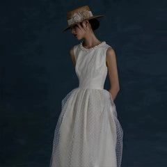 Unique High Neck Polka Dot Wedding Dress with Irregular Hemline - DollyGown