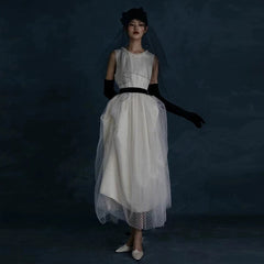 Unique High Neck Polka Dot Wedding Dress with Irregular Hemline - DollyGown