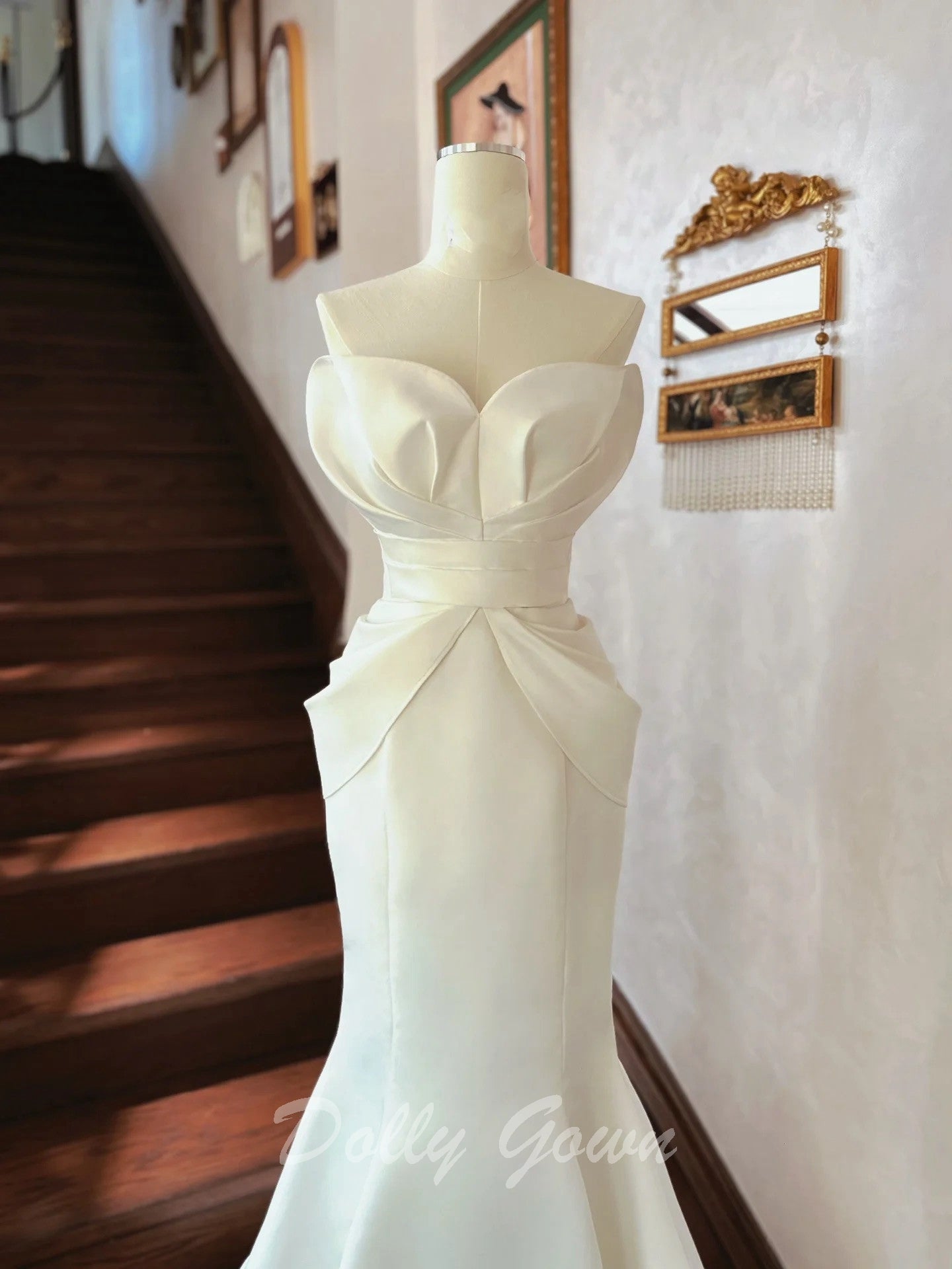 Unique Petal Neck Satin Mermaid Wedding Dress - DollyGown