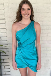 Unique Teal One Shoulder Homecoming Dress - DollyGown