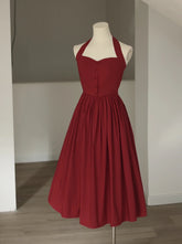 Vintage Burgundy Halter Neck 50s Swing Dress - DollyGown