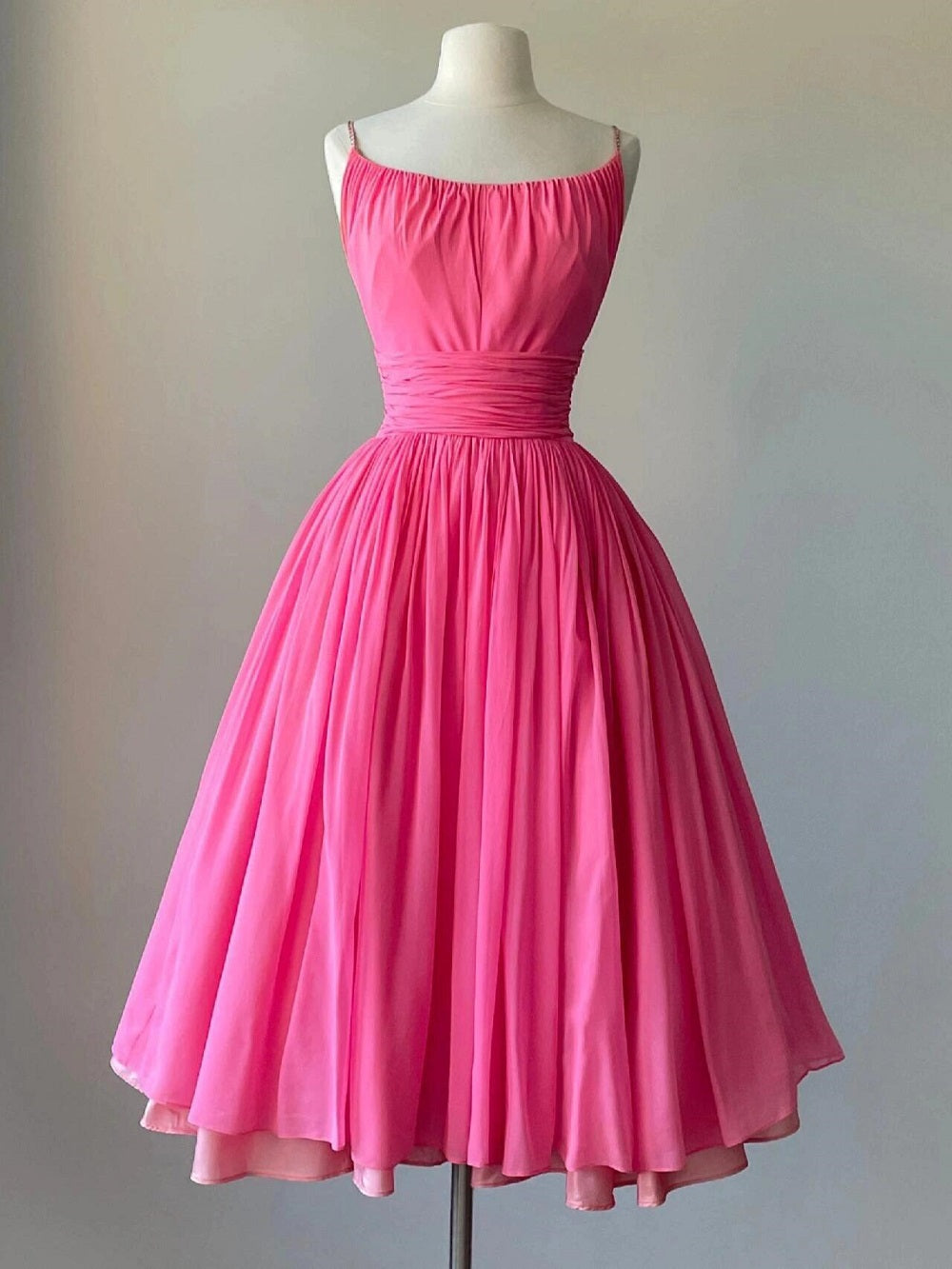 Vintage Hot Pink Spaghetti Straps Short 50s Style Prom Dress -DollyGown