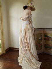 Vintage Off the Shoulder Silk Wedding Dress with Long Sleeves