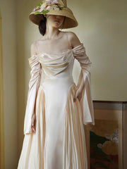 Vintage Off the Shoulder Silk Wedding Dress with Long Sleeves