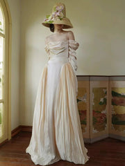 Vintage Off the Shoulder Silk Wedding Dress with Long Sleeves