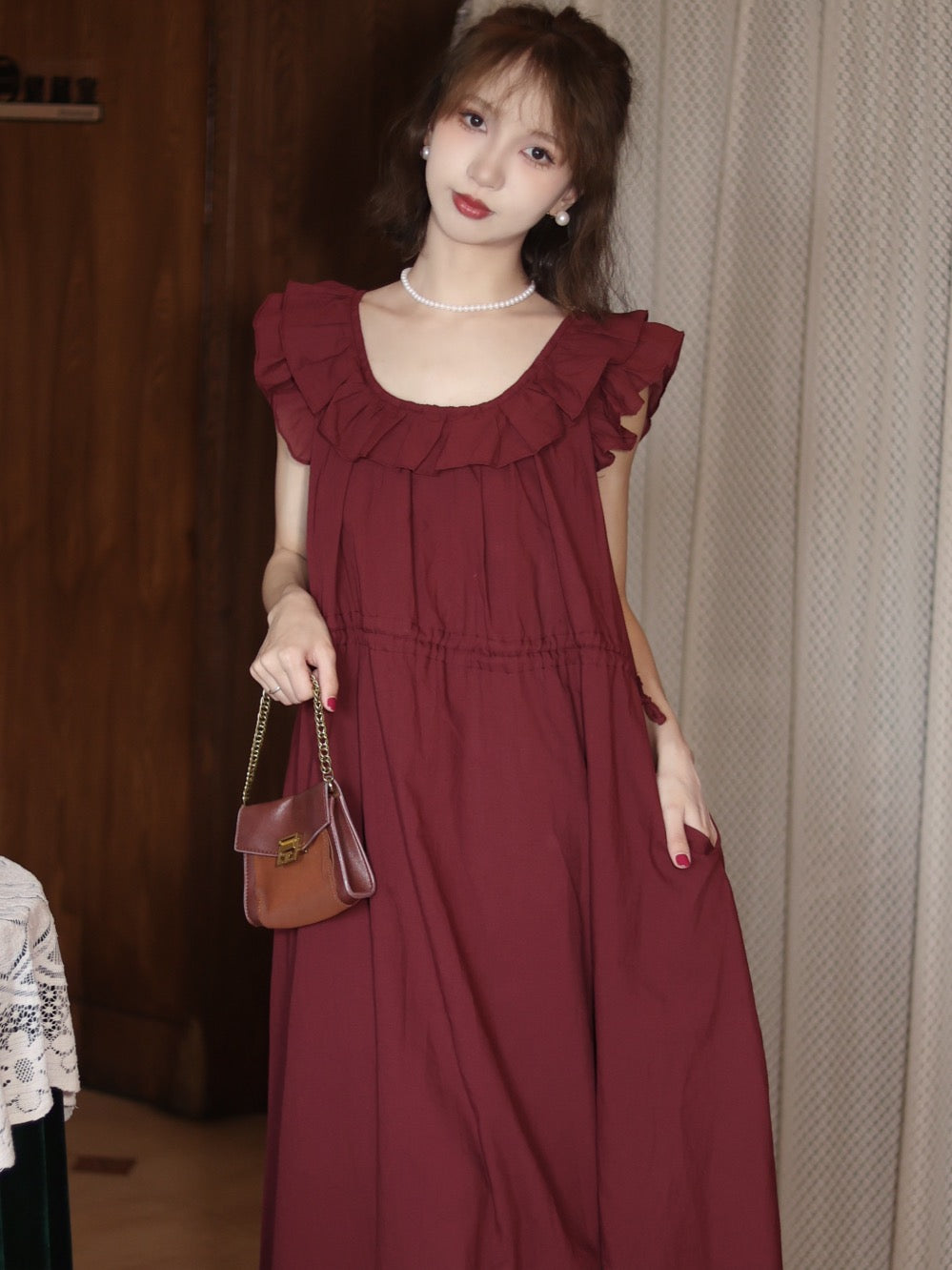 Vintage Round Neck Romantic Burgundy Dress - DollyGown