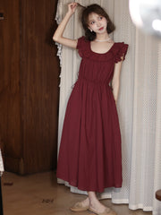 Vintage Round Neck Romantic Burgundy Dress - DollyGown