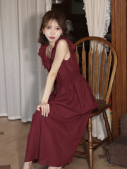 Vintage Round Neck Romantic Burgundy Dress - DollyGown