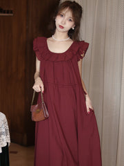 Vintage Round Neck Romantic Burgundy Dress - DollyGown