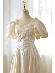 Vintage Satin 80s Wedding Dress with Flattering Puffy Sleeves - DollyGown
