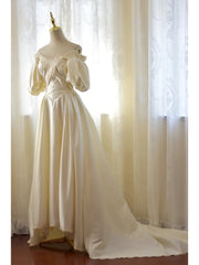 Vintage Satin 80s Wedding Dress with Flattering Puffy Sleeves - DollyGown