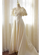Vintage Satin 80s Wedding Dress with Flattering Puffy Sleeves - DollyGown