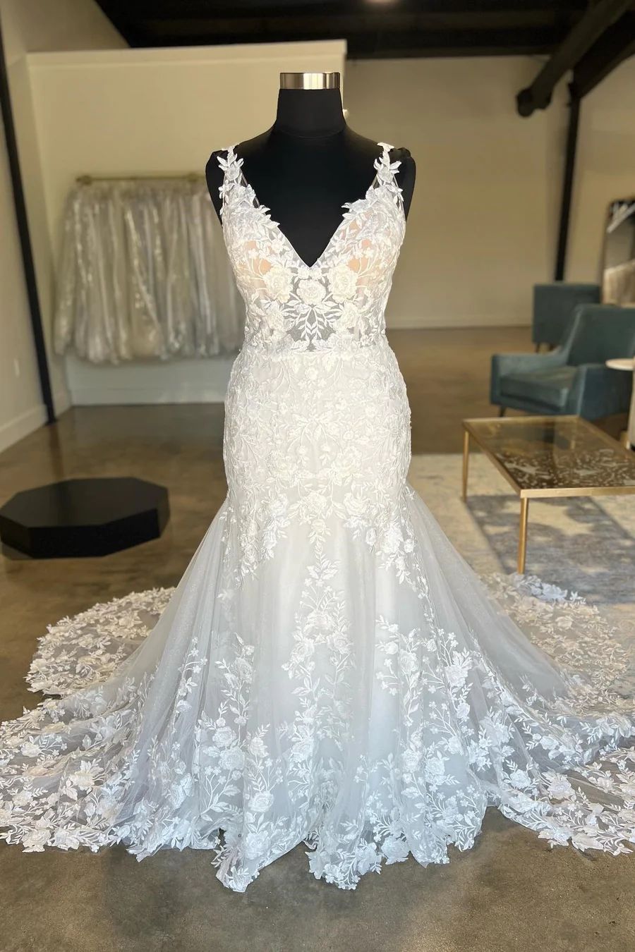Plus Size V neckline Lace Fit and Flare See Through Wedding Dress - DollyGown