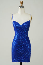 Royal Blue Sequin Spaghetti Strap Bodycon Mini Dress Homecoming Party Gown