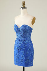 Royal Blue Sweetheart Applique Homecoming Dress - Tight Fitting Mini Dress