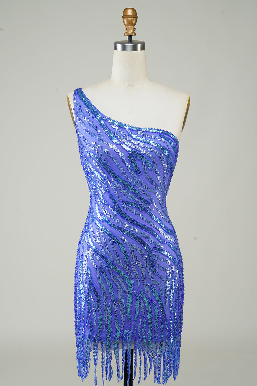 Blue Sequin One-Shoulder Sheath Short Homecoming Dress with Tassel Accent