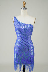 Blue Sequin One-Shoulder Sheath Short Homecoming Dress with Tassel Accent