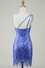 Blue Sequin One-Shoulder Sheath Short Homecoming Dress with Tassel Accent