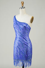 Blue Sequin One-Shoulder Sheath Short Homecoming Dress with Tassel Accent