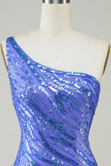 Blue Sequin One-Shoulder Sheath Short Homecoming Dress with Tassel Accent