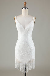 White Spaghetti Strap Sparkly Bodycon Homecoming Dress with Lace-Up Back