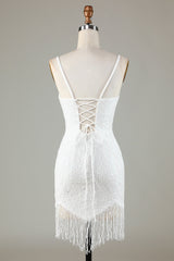 White Spaghetti Strap Sparkly Bodycon Homecoming Dress with Lace-Up Back